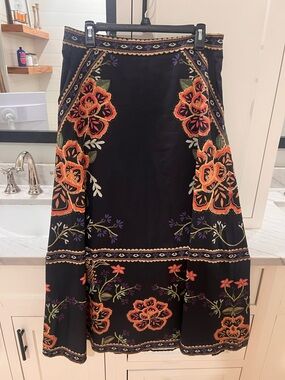 SHEIN Black A-Line Skirt with Orange and Green Floral Faux Embroidery